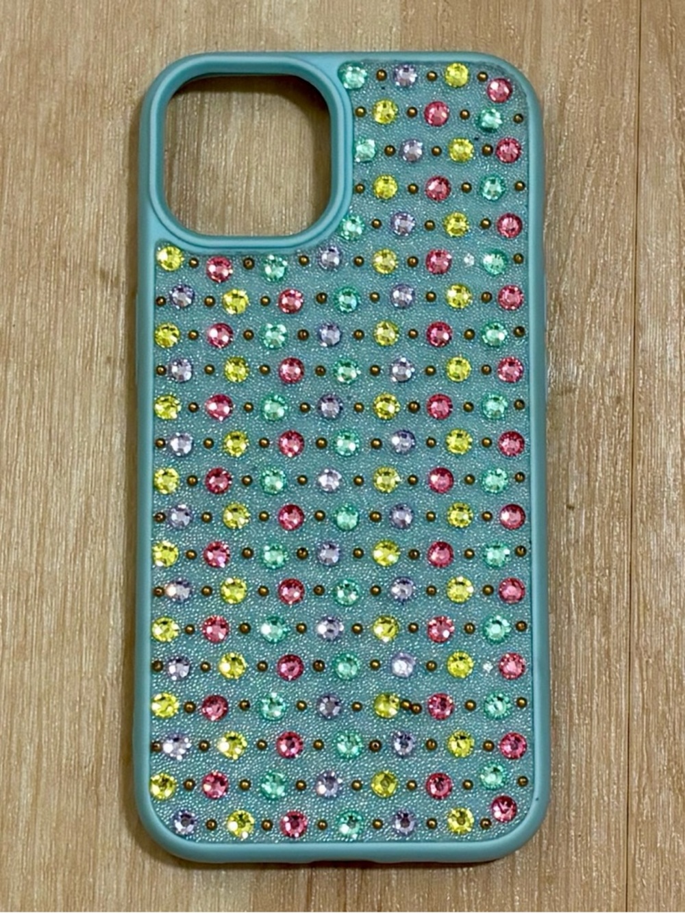 iPhone 15 Light Blue Protective Phone Case w/ Multi-Colored Gemstones